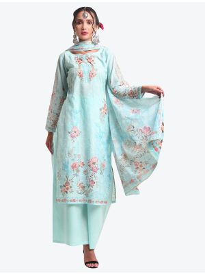 Light Turquoise Digital Printed Embroidered Cotton Designer Straight Suit small FABSL20578