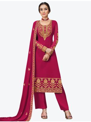 Rani Pink Embroidered Georgette Designer Straight Suit with Dupatta small FABSL20576