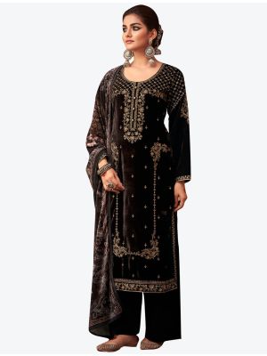 Dark Brown Embroidered Pure Velvet Designer Straight Suit with Dupatta FABSL20588