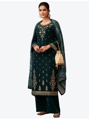 Dark Teal Embroidered Pure Velvet Designer Straight Suit with Dupatta FABSL20587
