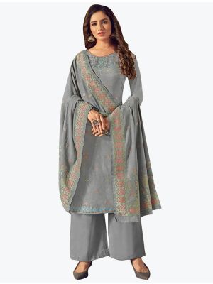 Grey Cotton Jacquard Designer Palazzo Suit with Dupatta small FABSL20872