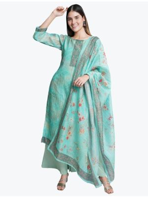 Aqua Blue Chanderi Silk Party Wear Designer Palazzo Suit small FABSL20880