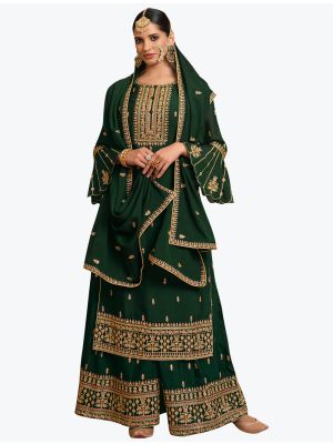 Bottle Green Chinon Chiffon Classy Designer Palazzo Suit small FABSL20906