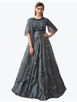 Deep Grey Net Party Wear Premium Designer Anarkali Suit small FABSL20900