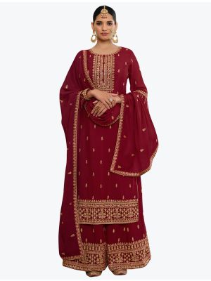 Deep Red Chinon Chiffon Classy Designer Palazzo Suit small FABSL20905