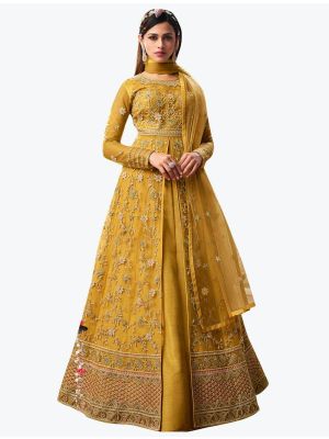 Golden Yellow Net Party Wear Premium Designer Anarkali Suit small FABSL20901