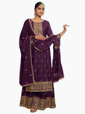 Rich Purple Chinon Chiffon Classy Designer Palazzo Suit small FABSL20907
