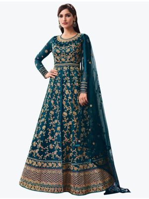 Teal Blue Net Party Wear Premium Designer Anarkali Suit small FABSL20903
