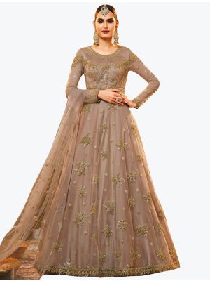 Golden Beige Net Exclusive Designer Floor Length Suit with Dupatta small FABSL20997