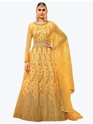 Golden Yellow Net Exclusive Designer Floor Length Suit with Dupatta small FABSL20999
