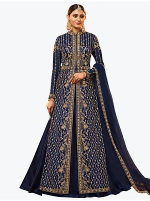 Navy Blue Net Exclusive Designer Floor Length Suit with Dupatta small FABSL20996