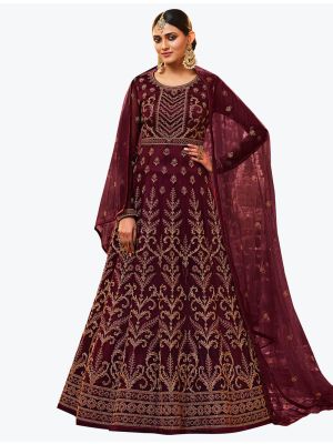 Rich Wine Net Exclusive Designer Floor Length Suit with Dupatta small FABSL20994