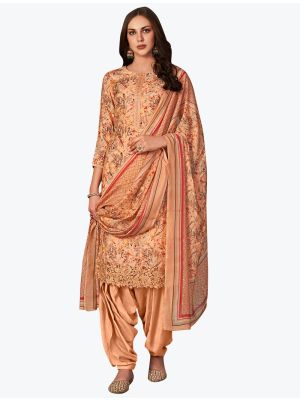 Bright Peach Muslin Embroidered Designer Patiala Suit with Dupatta small FABSL21086