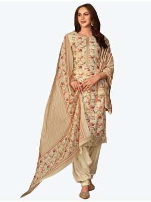 Deep Cream Muslin Embroidered Designer Patiala Suit with Dupatta small FABSL21089