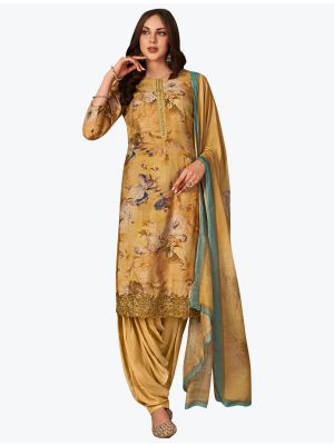 Golden Yellow Muslin Embroidered Designer Patiala Suit with Dupatta small FABSL21085