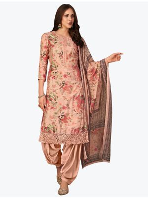 Royal Peach Muslin Embroidered Designer Patiala Suit with Dupatta small FABSL21087