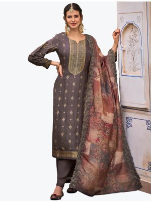 Grey Pure Silk Jacquard Designer Palazzo Suit with Dupatta thumbnail FABSL21117