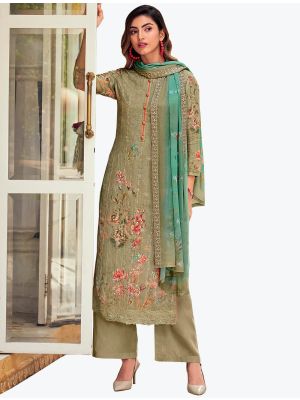 Olive Green Muslin Palazzo Suit with Thread Work And Sequin small FABSL21108