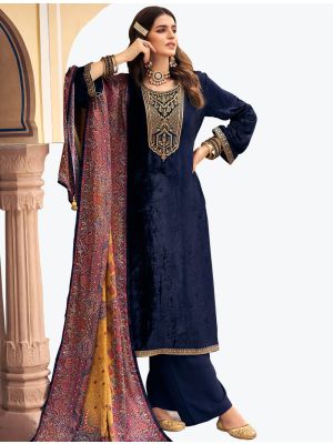 Blue Premium Velvet Designer Palazzo Suit with Pure Silk Dupatta small FABSL21150