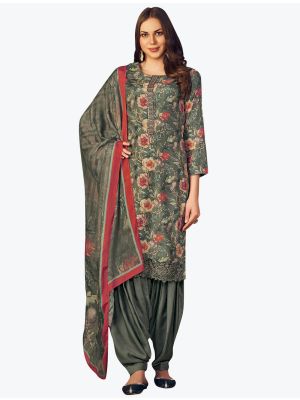 Deep Grey Muslin Digital Printed Embroidered Patiala Suit small FABSL21152