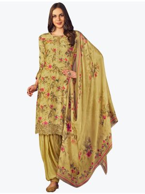 Dusty Yellow Muslin Digital Printed Embroidered Patiala Suit small FABSL21158