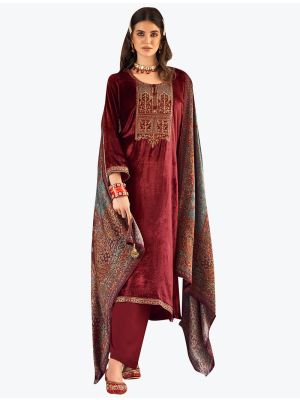 Maroon Premium Velvet Designer Palazzo Suit with Pure Silk Dupatta small FABSL21146