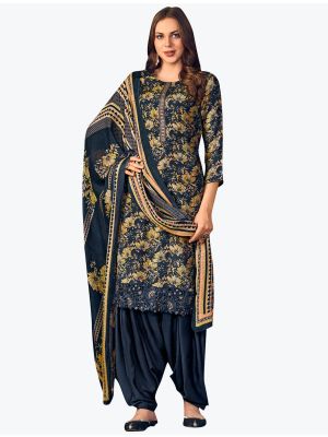 Navy Blue Muslin Digital Printed Embroidered Patiala Suit small FABSL21156