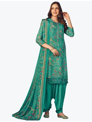 Teal Green Muslin Digital Printed Embroidered Patiala Suit small FABSL21157
