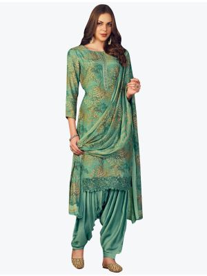 Turquoise Muslin Digital Printed Embroidered Patiala Suit small FABSL21159