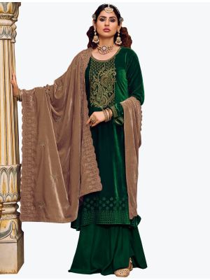 Bottle Green Premium Velvet Salwar Suit With Thread Work small FABSL21188