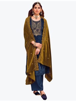 Navy Blue Premium Velvet Salwar Suit With Thread Work small FABSL21191
