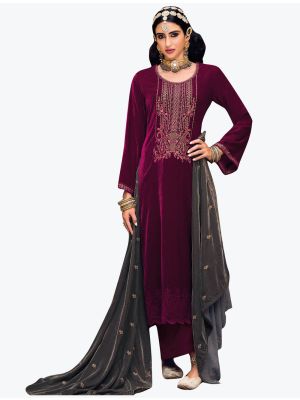 Rich Wine Premium Velvet Salwar Suit With Thread Work small FABSL21190