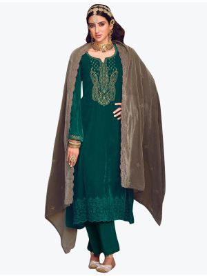 Teal Green Premium Velvet Salwar Suit With Thread Work small FABSL21189