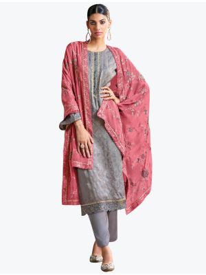 Grey Silk Jacquard Embroidered Salwar Suit small FABSL21218