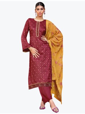 Maroon Silk Jacquard Embroidered Salwar Suit small FABSL21222