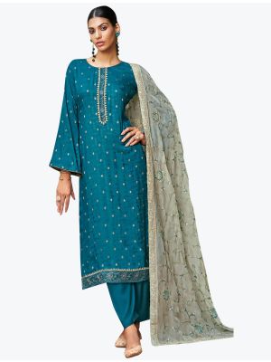 Rama Blue Silk Jacquard Embroidered Salwar Suit small FABSL21223
