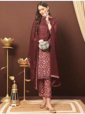 Dark Maroon Cotton Blend Palazzo Suit With Kashmiri Print small FABSL21329