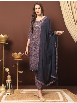 Navy Blue Cotton Blend Palazzo Suit With Kashmiri Print small FABSL21324