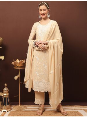 Cream Chinon Chiffon Palazzo Suit With Resham Work small FABSL21376