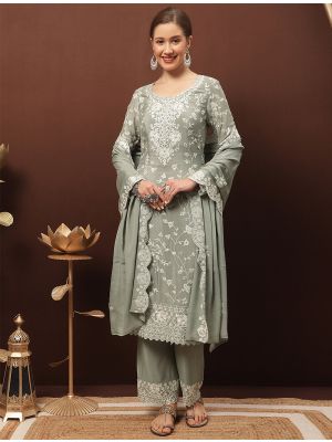 Grey Chinon Chiffon Palazzo Suit With Resham Work small FABSL21377
