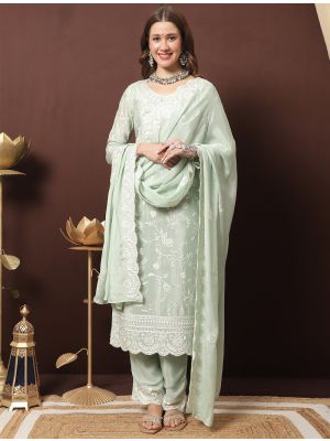 Ice Green Chinon Chiffon Palazzo Suit With Resham Work small FABSL21372