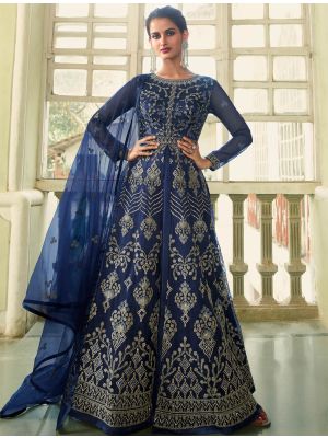 Navy Blue Net Semi Stitched Designer Gown Style Suit small FABSL21343