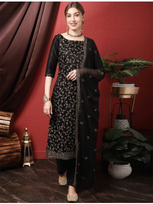 Black Cotton Blend Palazzo Suit With Resham Thread Work small FABSL21467