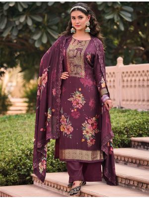 Wine Pure Muslin Jacquard Woven Palazzo Suit small FABSL21454