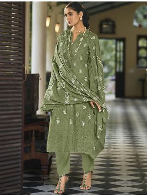 Olive Green Pure Cotton Salwar Kameez With Resham Work small FABSL21491