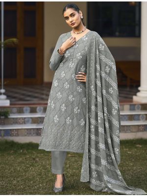 Steel Grey Pure Cotton Salwar Kameez With Resham Work small FABSL21487