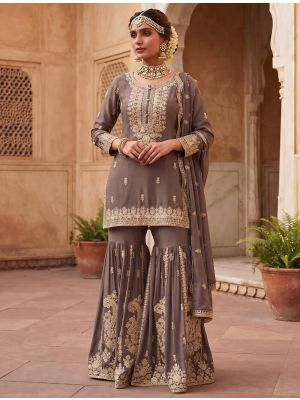 Taupe Grey Chinon Free Size Ready To Wear Sharara Suit small FABSL22542