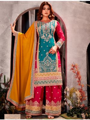Teal And Red Chinon Semi Stitched Palazzo Suit thumbnail FABSL21918