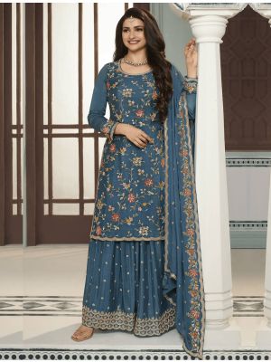 Teal Blooming Chinon Silk Semi Stitched Sharara Suit FABSL21786