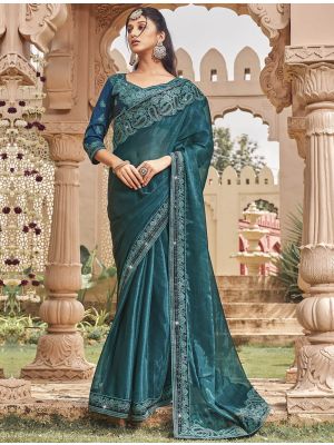 Teal Blooming Shimmer Georgette Embroidered Saree